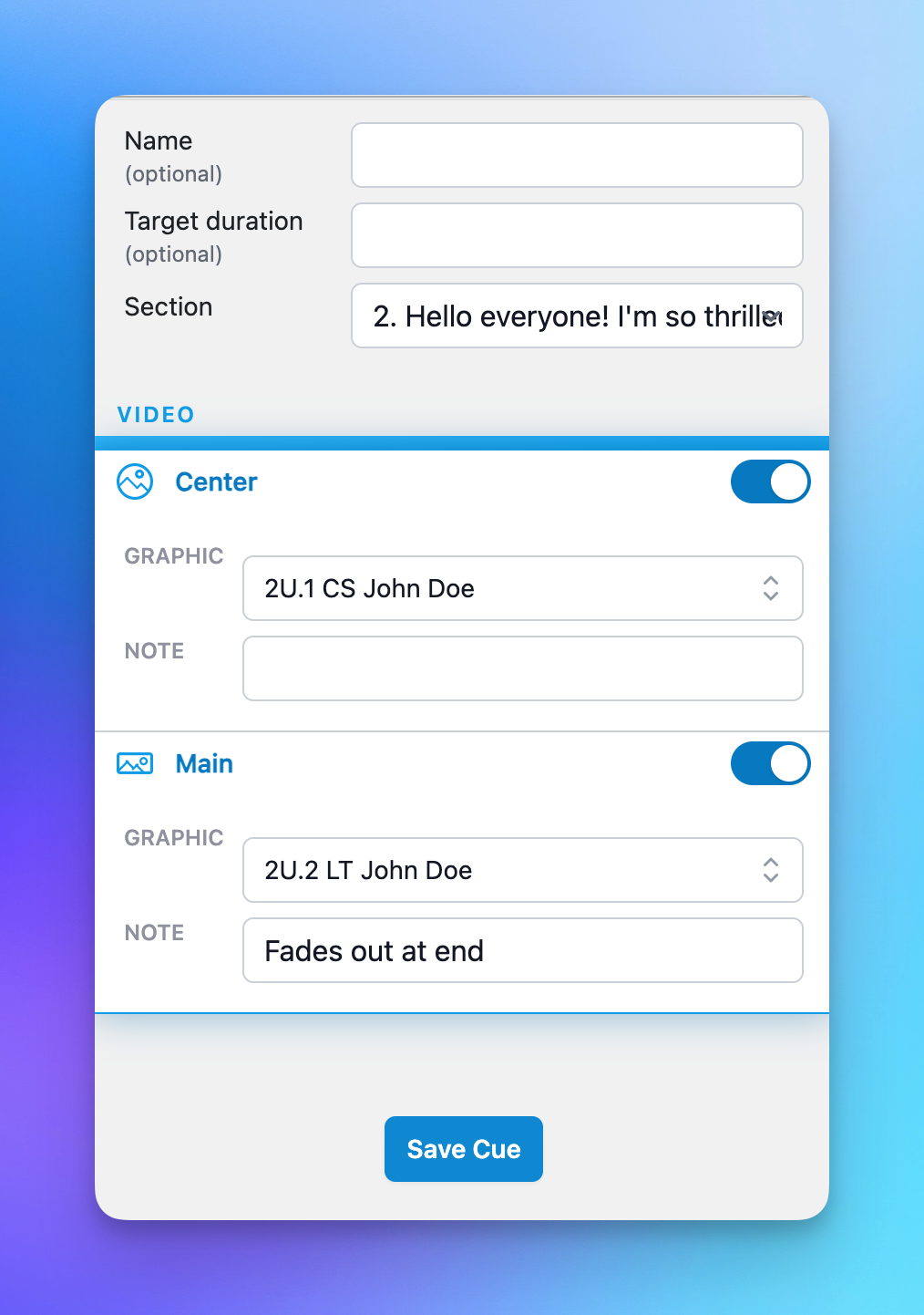Example of the cue editor